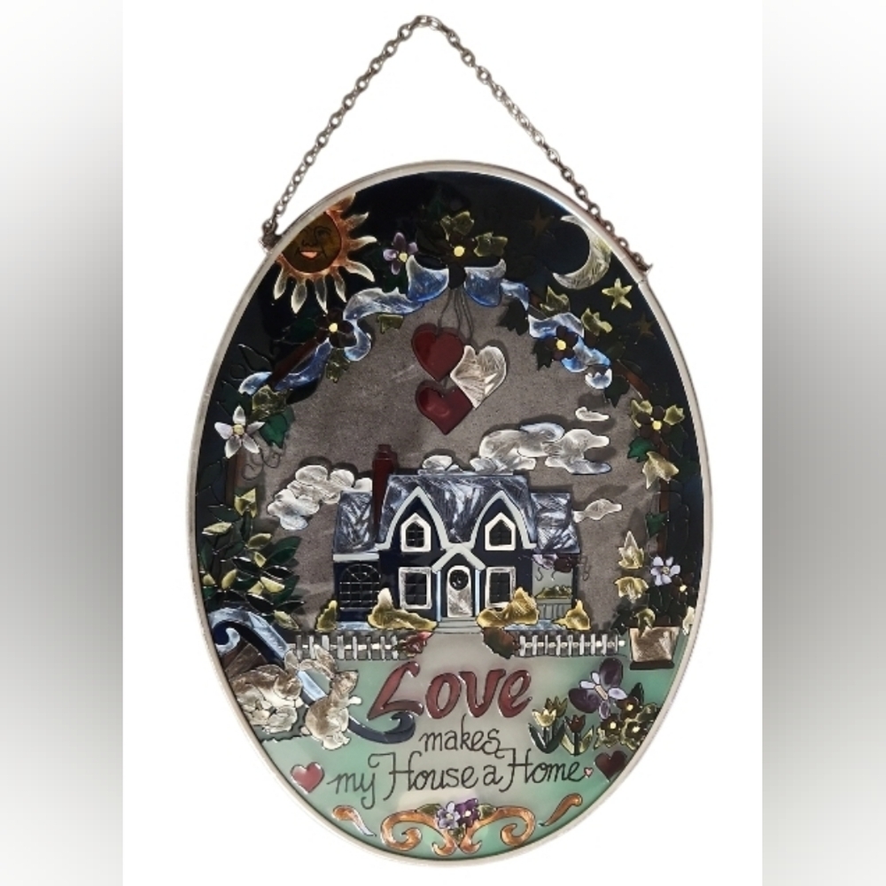 AMIA Sun Catcher Faux Stain Glass Oval Colorful "LOVE makes my House a Home"